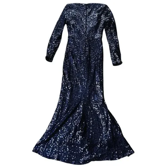 Badgley Mischka Split Leg Long-Sleeve Blue Sequined Dress 0 - Picture 6 of 7